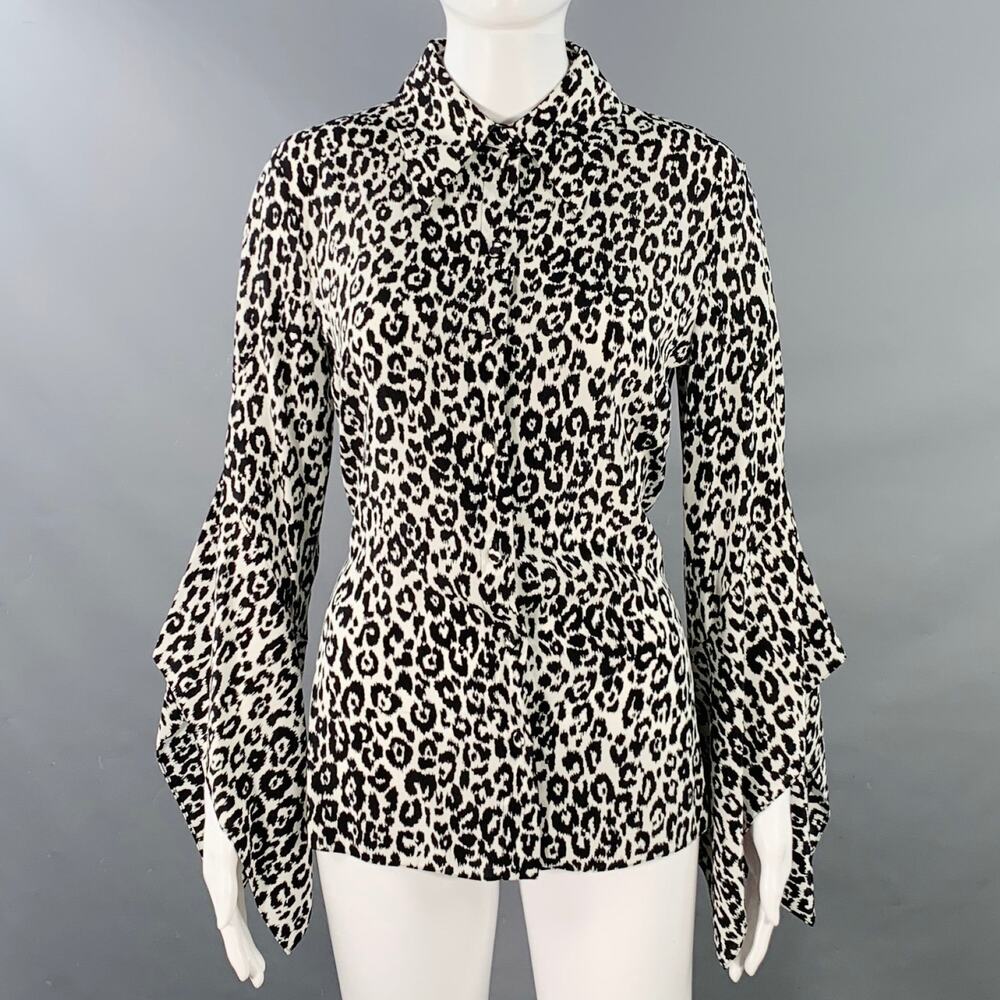 MICHAEL KORS COLLECTION Black White Silk Animal Print Butterfly Sleeve Blouse
